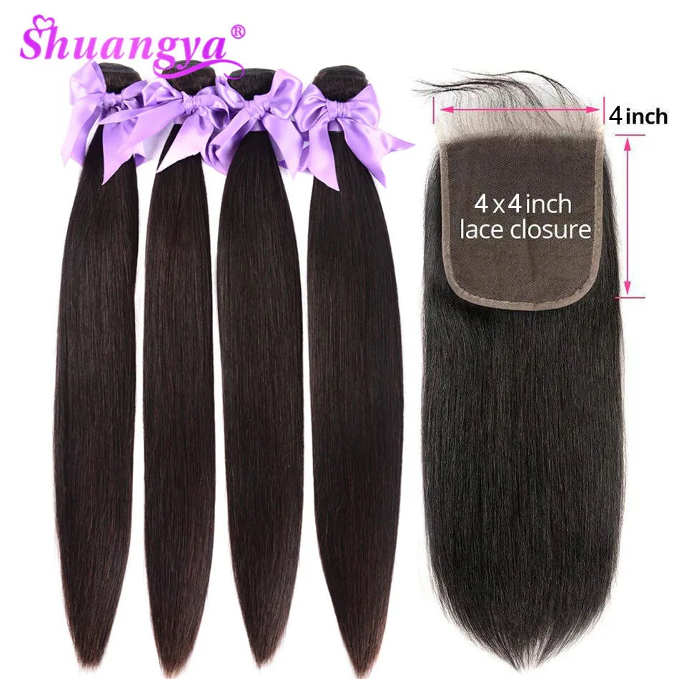 Shuangya малайзийские волосы прямые пучки с закрытием Remy человеческие 3 пучка 4x4