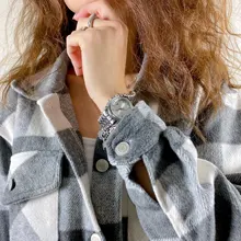 Loose Top Blouses Shirts Grey Plaid Pocket Chic Female Casual Fashion Women Ladies Streetwear