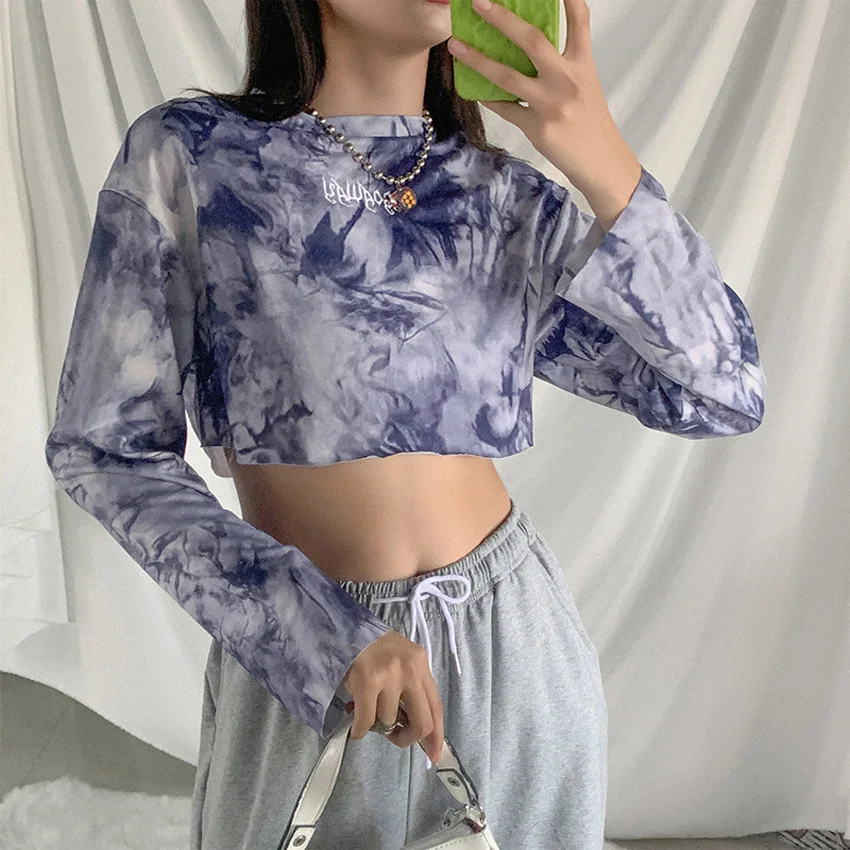 

Lusofie Autumn Winter Tie Dye T shirt Long Sleeve Crop Top T-Shirt Women Fashion Sport Top Tees Harajuku 2020 New Clothes