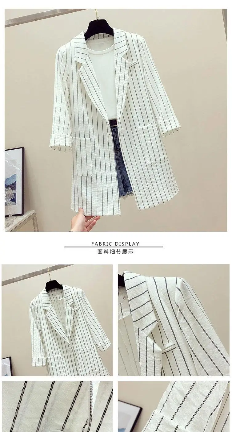 Spring / summer new loose British stripe Blazer sunscreen coat women's medium length thin casual suit UT073