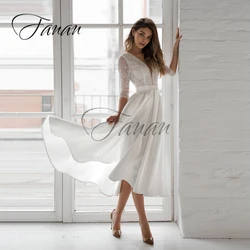 Deep V-Neck Lace A-Line Wedding Dresses Backless Half Sleeve Simple Tea-Length Bridal Gown vestido de novia robe de mariée