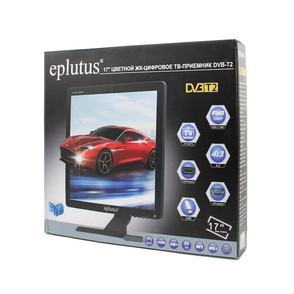 Тюнером DVB-T2 17“ Eplutus EP-172Т на стену, автомобильный адаптер