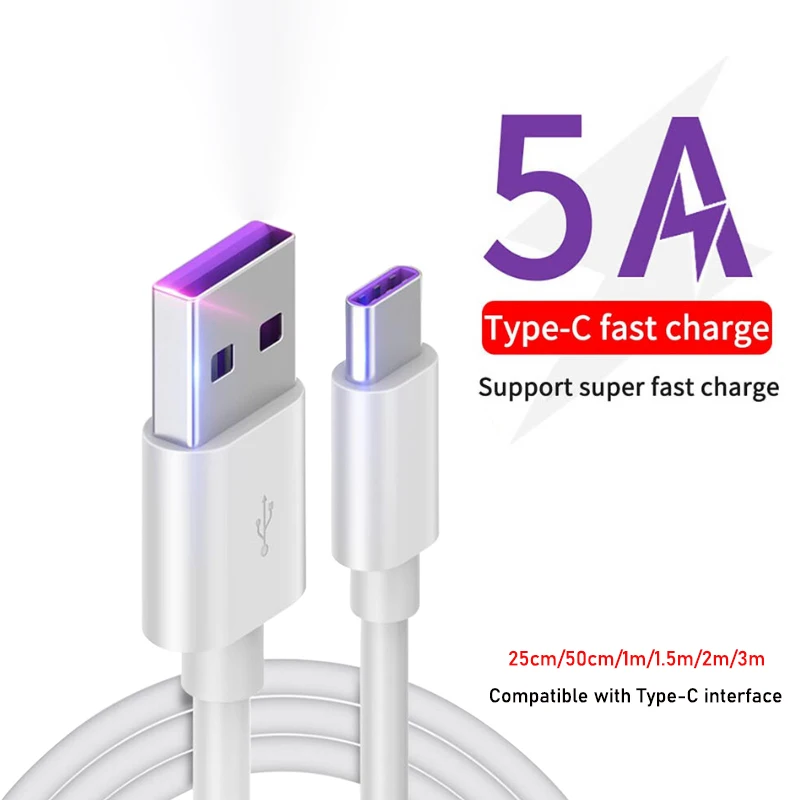 

25cm 1m 1.5m 2m USB C Cable 5A Supercharge USB Type C Cable for Huawei p20 p30 Quick Charging Fast Charger Cable for Honor V10