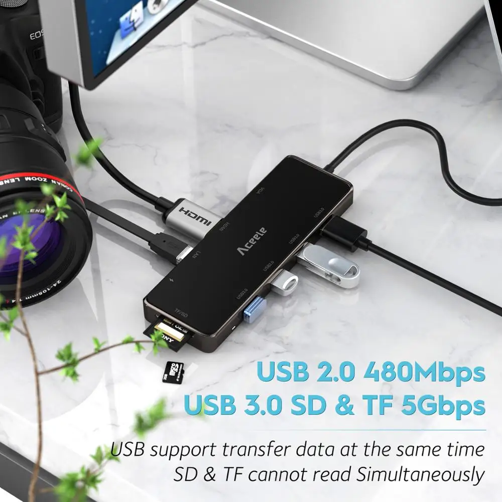 Aceele 10 в 1 USB C концентратор HDMI VGA RJ45 USB 3,0 2,0 мощность SD/TF кардридер для Macbook Pro