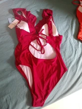 One-Piece Swimsuit Beachwear Women Monokini Ruffled SEASELFIE Yellow Sexy V-Neck Solid