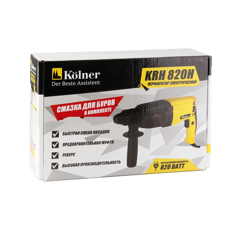 Перфоратор Kolner KRH 820 H, 820 Вт, 3 режима, 2,5 Дж, 0-1300 об/мин, 0-5500 об/мин