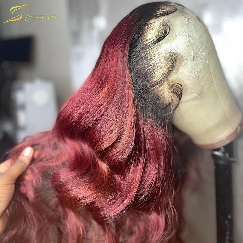 HD Transparent Ombre 99j Burgundy Red Body Wave Lace Front Wig Colored Loose Water Full Frontal Human Hair Wigs For Women | Шиньоны и