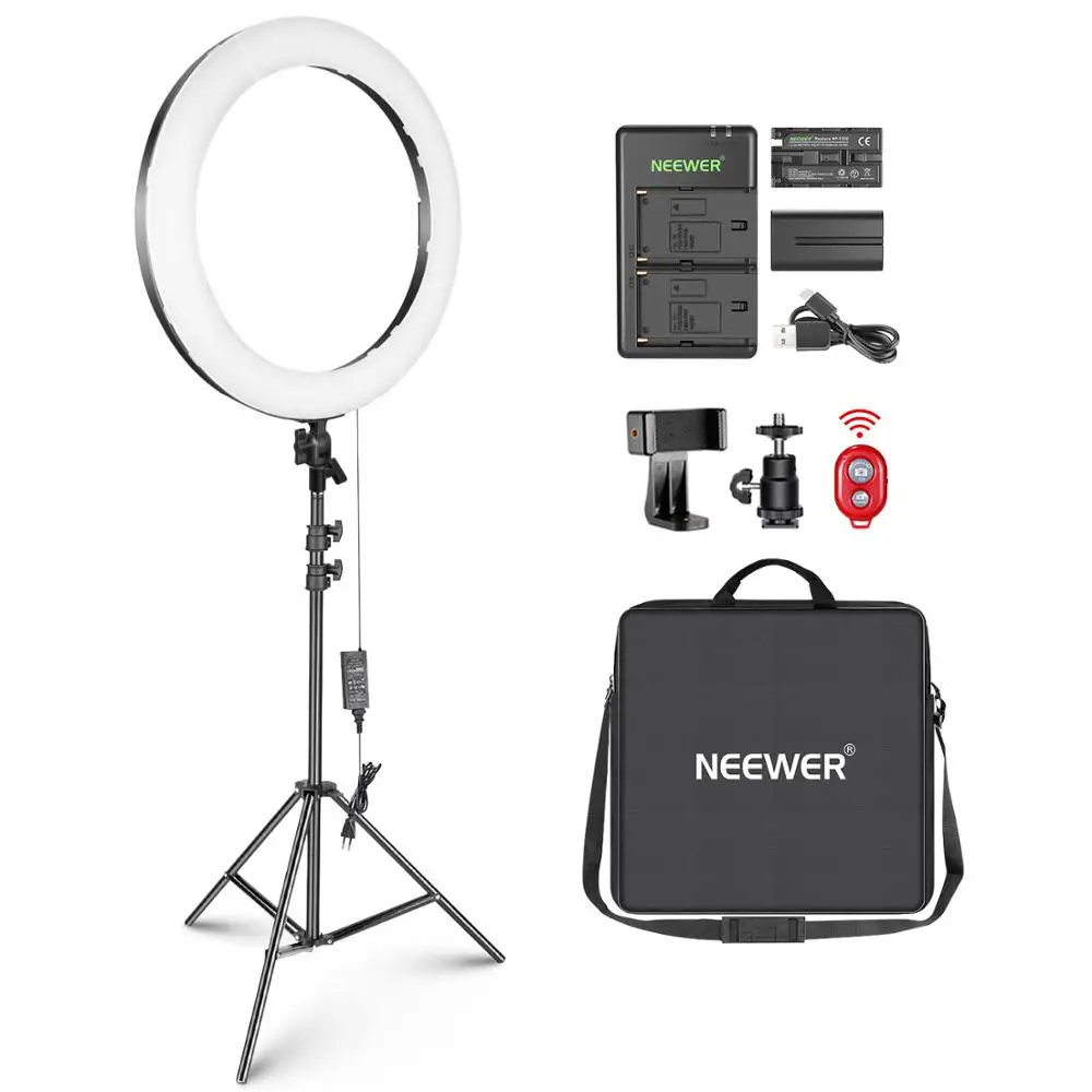 

Neewer 20-inch LED Ring Light Kit: (1)44W Dimmable Bi-color Circle Light (1)2M Pro Light Stand(1)Phone Holder(2)Li-ion Battery