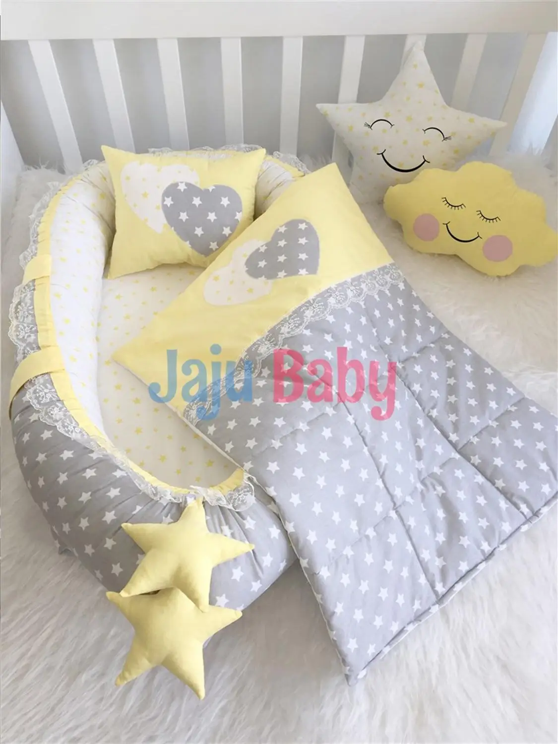 "Jaju Babynest Gri Yıldızlı Sarı Kombin Lüx Ortopedik Babynest Set "