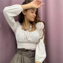 Short Blouses Womens Tops Long-Sleeve Vintage Square-Collar Casual Simple New Bow Solid