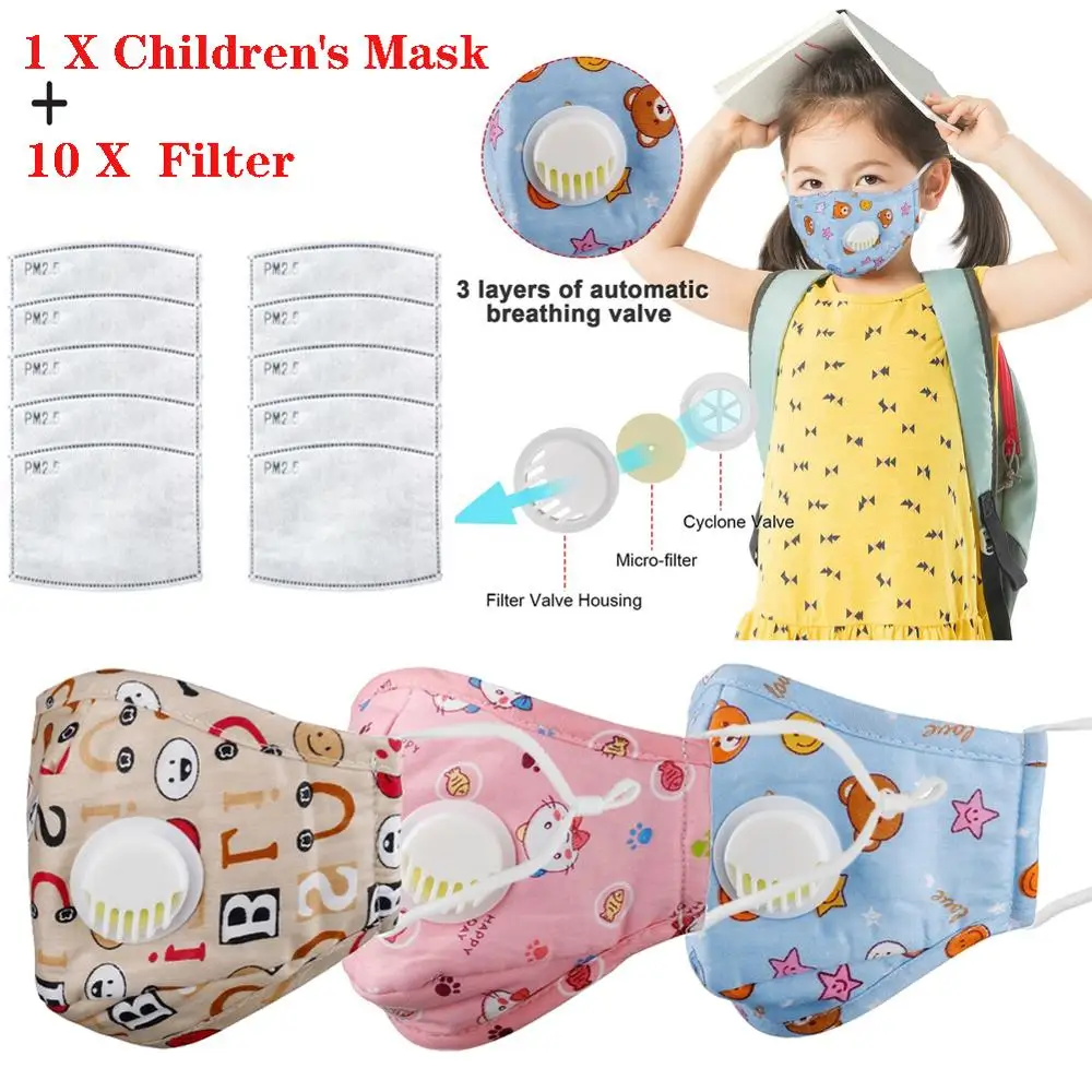 

Kids Cotton Masks Reusable With 10 Filters PM2.5 Activated Carbon Mask Anti-smog Anti-Dust Smoke Allergies Adjustable N95 Masks