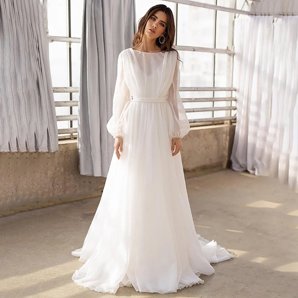 Bateau Boat Neck Long Puff Sleeves Chiffon Wedding Dress Simple Crisscross  A Line Plus Size Buttons Backless Beach Bridal Gown