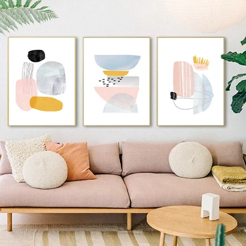 

Pink and Blue Abstract Shapes Painting Canvas Print Modern Scandinavian Pastel Wall Art Pictures Nordic Poster Living Room Decor
