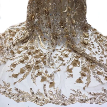 

Gold 3D beaded lace fabric 2019 high quality mesh embroidery stones appliqued 3d flower tulle Nigerian lace fabrics for bridal