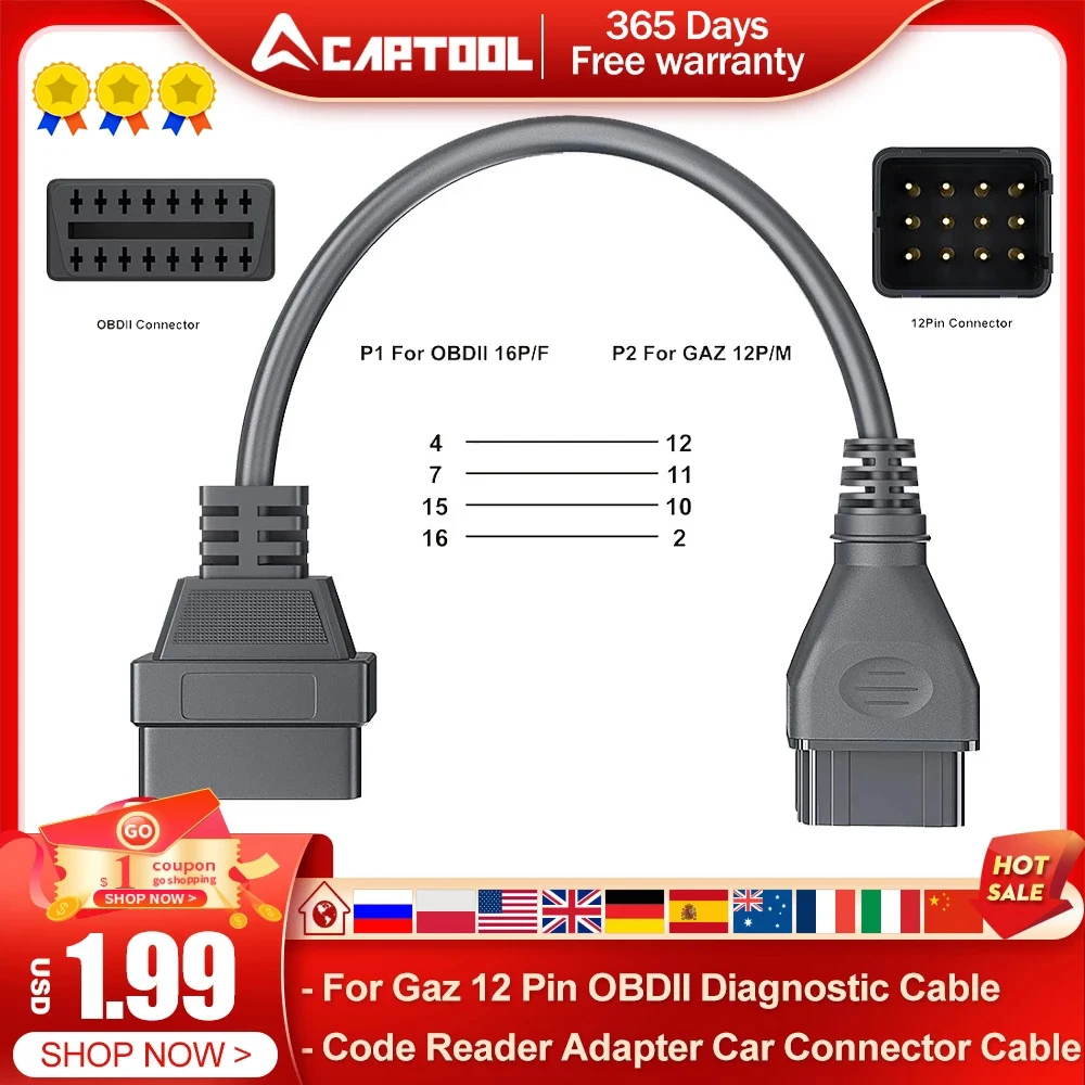 OBD2 Cable For Gaz 12 Pin OBDII Diagnostic Tool Scanner Code Reader Adapter Car Connector Cable For Gaz 12Pin Adapter