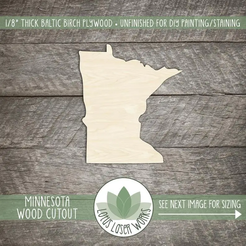 

Minnesota Wood Shape, Unfinished Wood Minnesota Laser Cut Shape, DIY Craft Supply, Many Size Options, Blank Wood Shapes