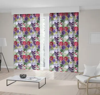 

Curtain Watercolor Pattern with Beautiful Exotic Flowers on Geometric Background Floral Art Purple Red