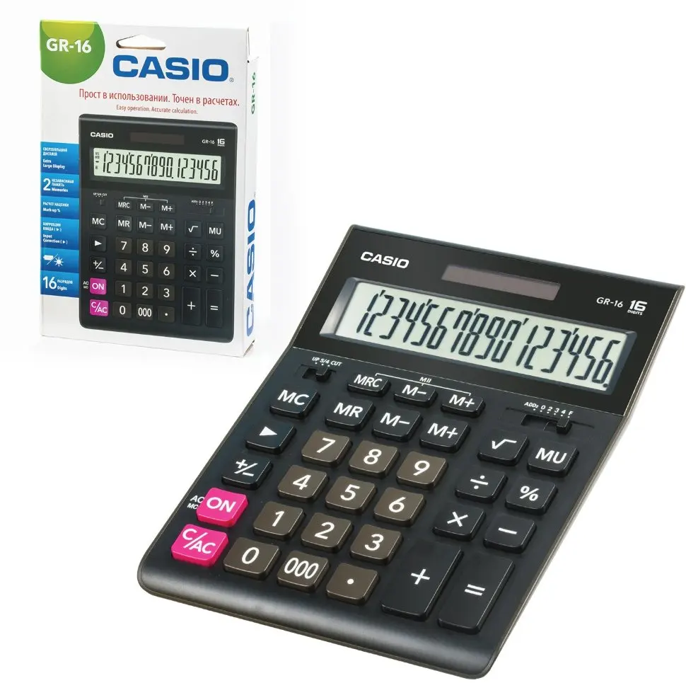 Калькулятор настольный CASIO GR-16-W (209х155 мм) 16 разрядов двойное питание европодвес