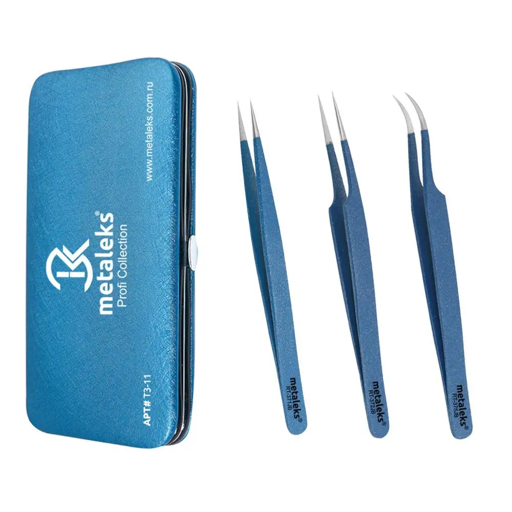 3 Pcs Kit of Eyelash Extension Tweezers In Blue Magnetic - Made Surgical Stainless Steel |