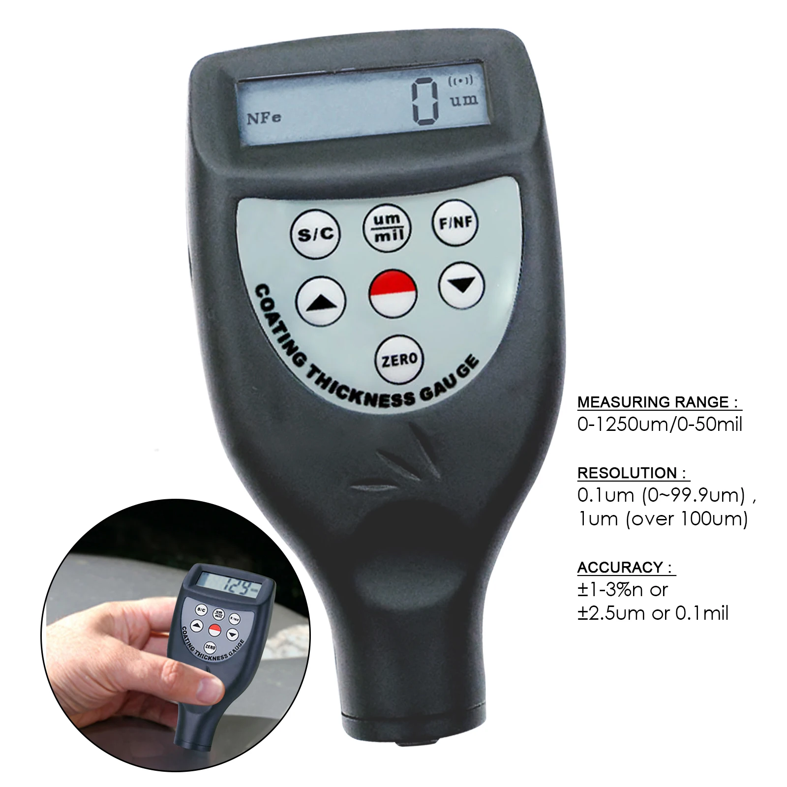 

Digital Coating Thickness Gauge Meter Paint Iron 0-1250um / 0-50mil Range Steel Zinc Nickel Built-in F/NF Probe