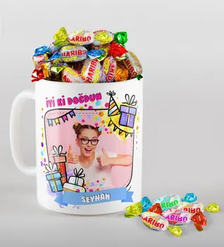

Personalized Photo Birthday Theme Mug and Haribo Fruitbons Candy Gift Seti-3