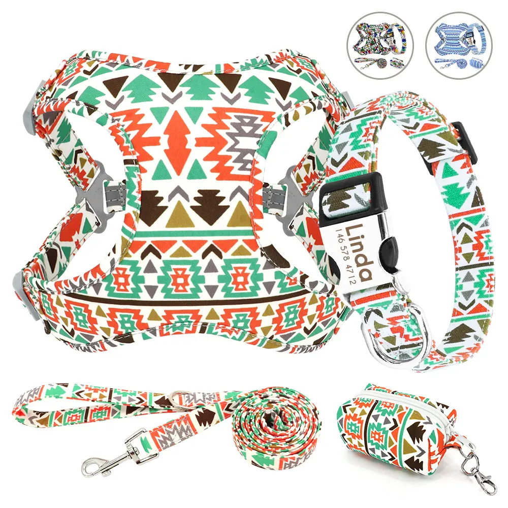 4pcs/lot Nylon Customized Printed Dog Collar Harness Leash Poop Bag