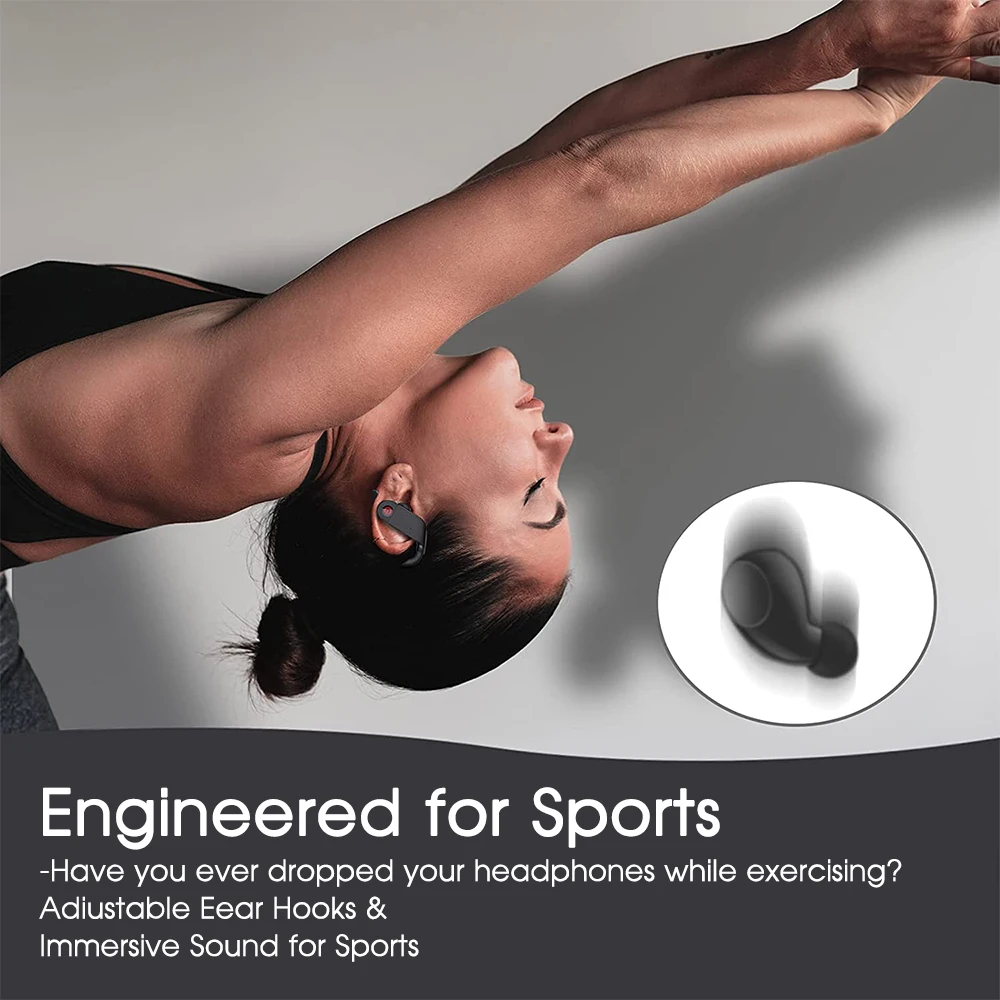 Boei Bluetooth 5.1 Earphones Sport Wireless HiFi 6D Stereo ANC Earbuds IPX7 Waterproof Earhooks Headset Suitable for Running/Gym