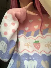 Suéter de punto Kawaii japonés para mujer, jersey de manga larga con estampado de fresa, Top de punto Rosa Vintage para Otoño e Invierno