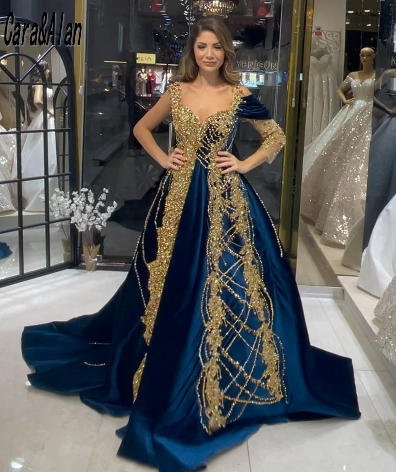 Exquisitos vestidos de turcos azul marino para mujer, vestidos de con cuentas de vestidos de graduación de manga larga, bata de boda| | -