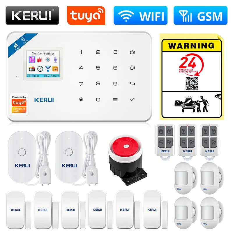 KERUI Tuya Smart WIFI GSM Security Alarm System Works With Alexa Home Burglar Motion Detector Smoke Door Window Sensor IP Camera elderly sos alarm Alarms & Sensors