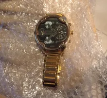 XFCS-reloj grande de acero dorado para hombre, de cuarzo, informal, con doble horario, Militar