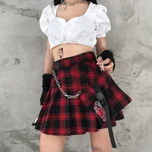 В японском стиле, красная клетчатая мини-юбка с поясом, Женская плиссированная мини-юбка с высокой талией и цепочкой, милые клетчатые короткие юбки для девочек
