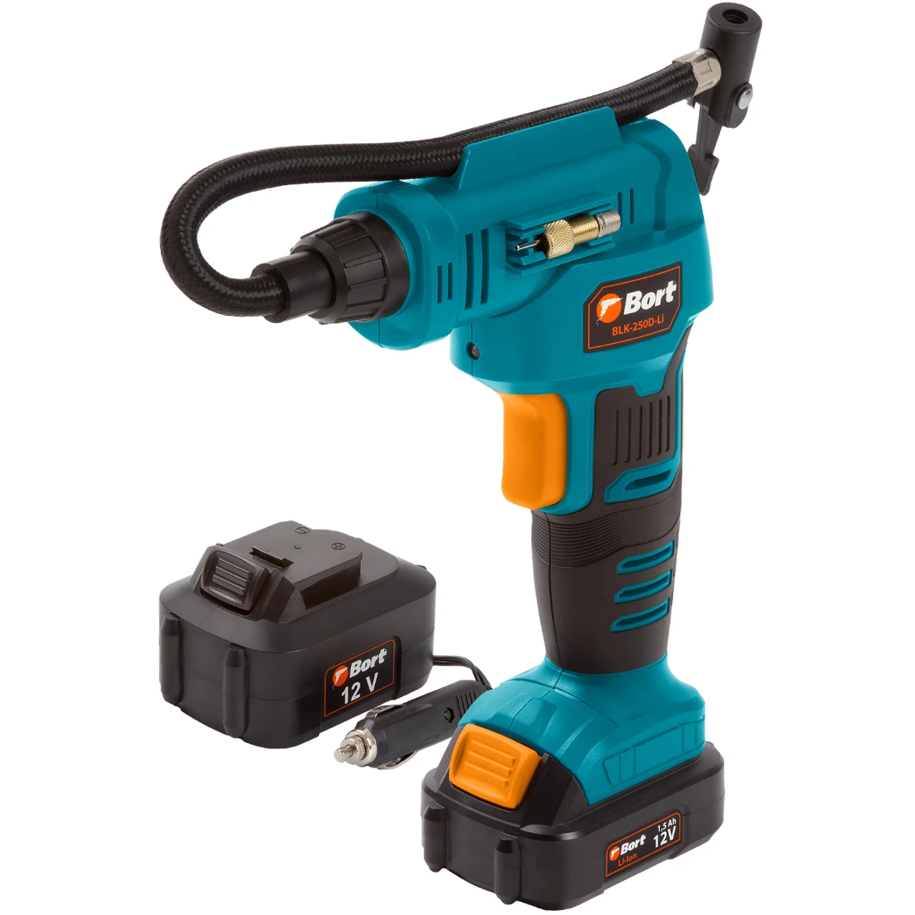 Компрессор автомобильный Bort BLK-250D-Li (Работа от Li-ion аккумулятора и от прикуривателя автомобиля, подсветка и  дис