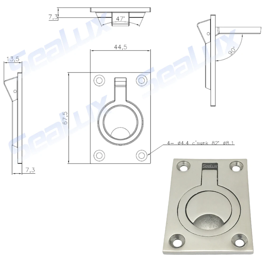 Sealux Marine Grade Edelstahl 316 Boat Flush Lift Ring Griff viele Größen für Boot Yacht – Detail 3