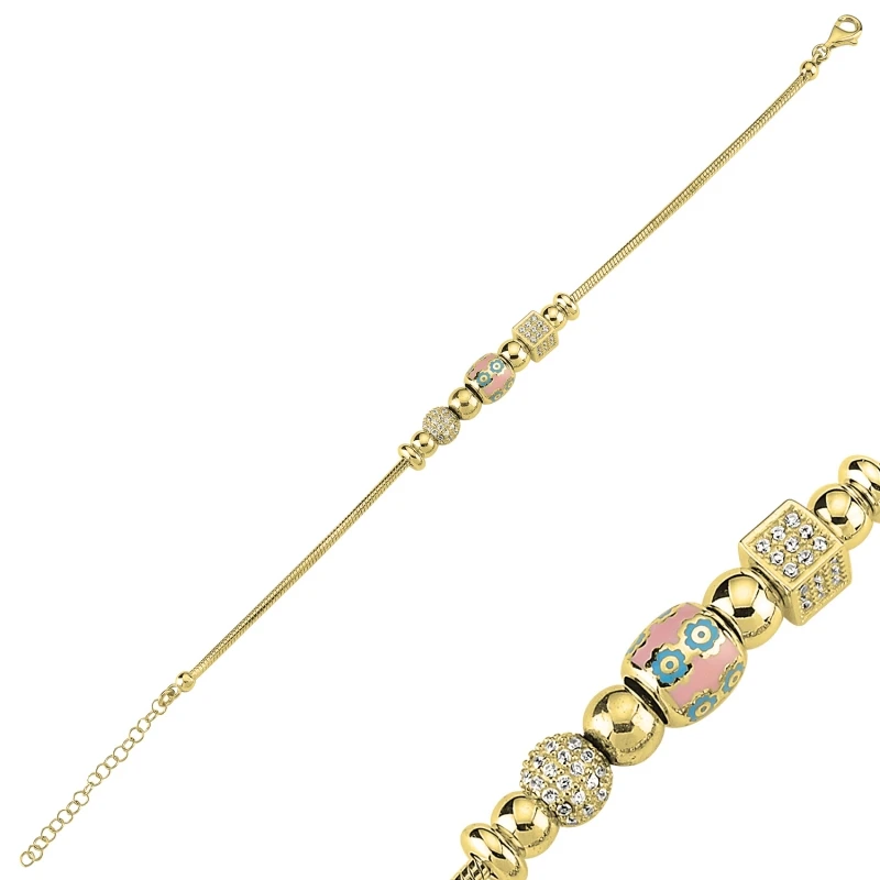

Silver 925 Sterling Zircon Cubic Zirconia and Cabochons Moving & Dangle Flower Pattern Bangle