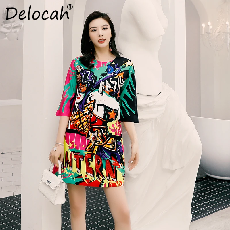 Delocah, женское платье на весну и лето, подиумное, модное, дизайнерское, с коротким рукавом, великолепное, с бисером, с буквенным принтом, свободные платья