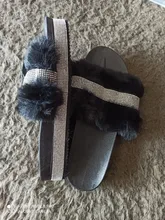Rhinestone Slippers Heel Platform Wedges Sexy Shoes Fur Furry Slides Fluffy Luxury Designer