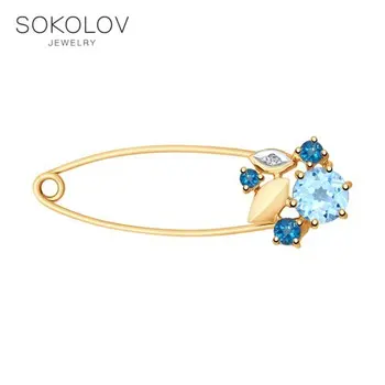 

SOKOLOV brooch of gold with blue and blue topaz and cubic zirconia, fashion jewelry, 585, women's male