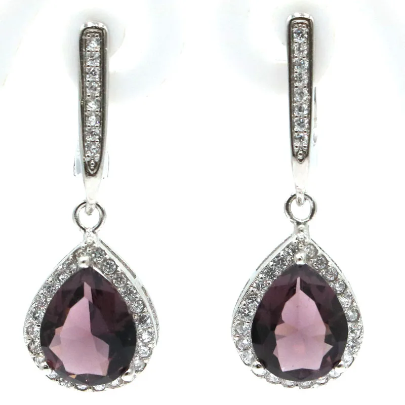 

38x12mm Romantic Created Purple Amethyst Smokey Topaz White CZ Gift For Woman's Silver Earrings
