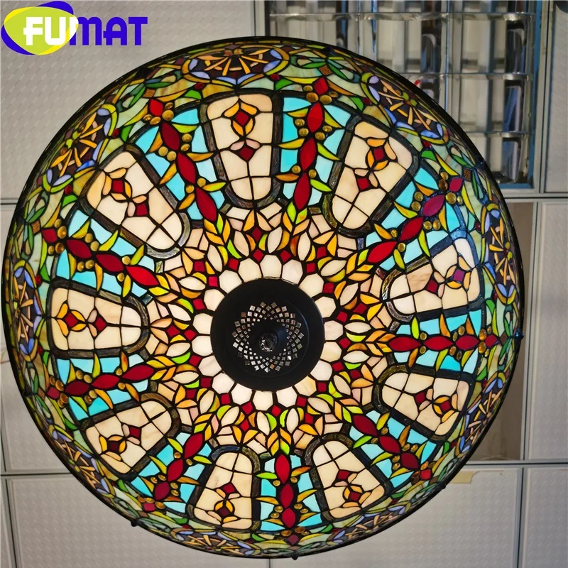 FUMAT Tiffany Palace Style Baroque Antique Pendant Lights Classic Hotel Drop Lamp Living Room Stained Glass Reverse Chandeliers LED
