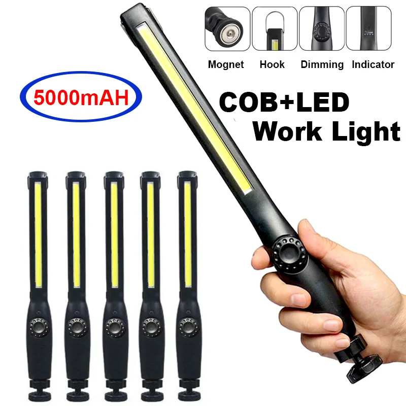 LED Work Light Work Light 5000mAh Cordless Portable Magnetic COB LED Work Lamp Inspection Lights for Car Repair Home Garage Emergency