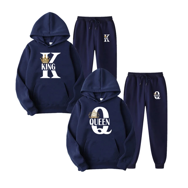 2022 Fashion Couple Sportwear Set KING or QUEEN Printed Lover Hooded Suits Hoodie and Pants 2pcs Set Streetwear Men Women Cloths Navy Blue Queen 2