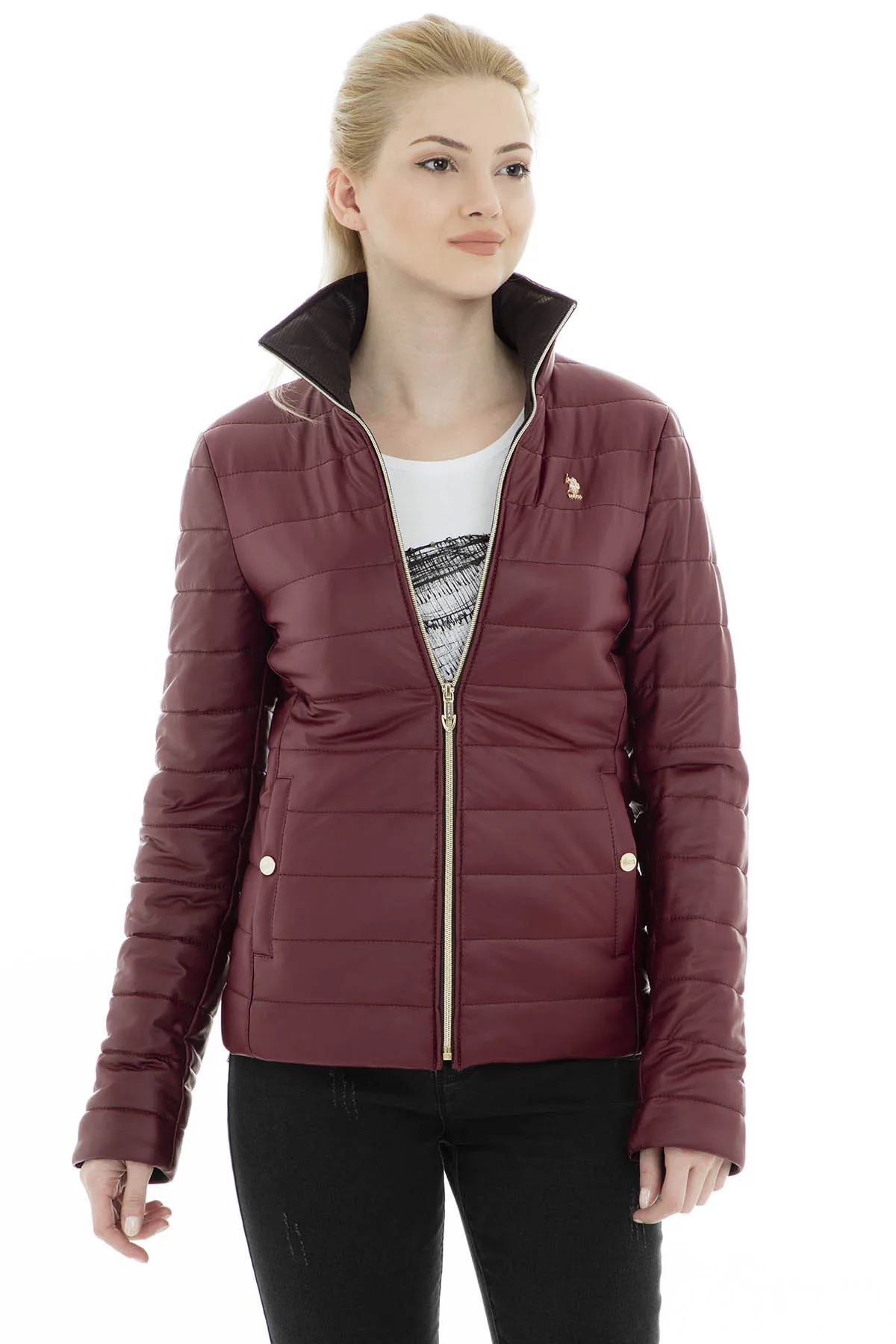 Бургундия U.S. Polo куртка из искусственной кожи женская кожаная куртка G082SZ035P01 WP8030D - Цвет: Бургундия