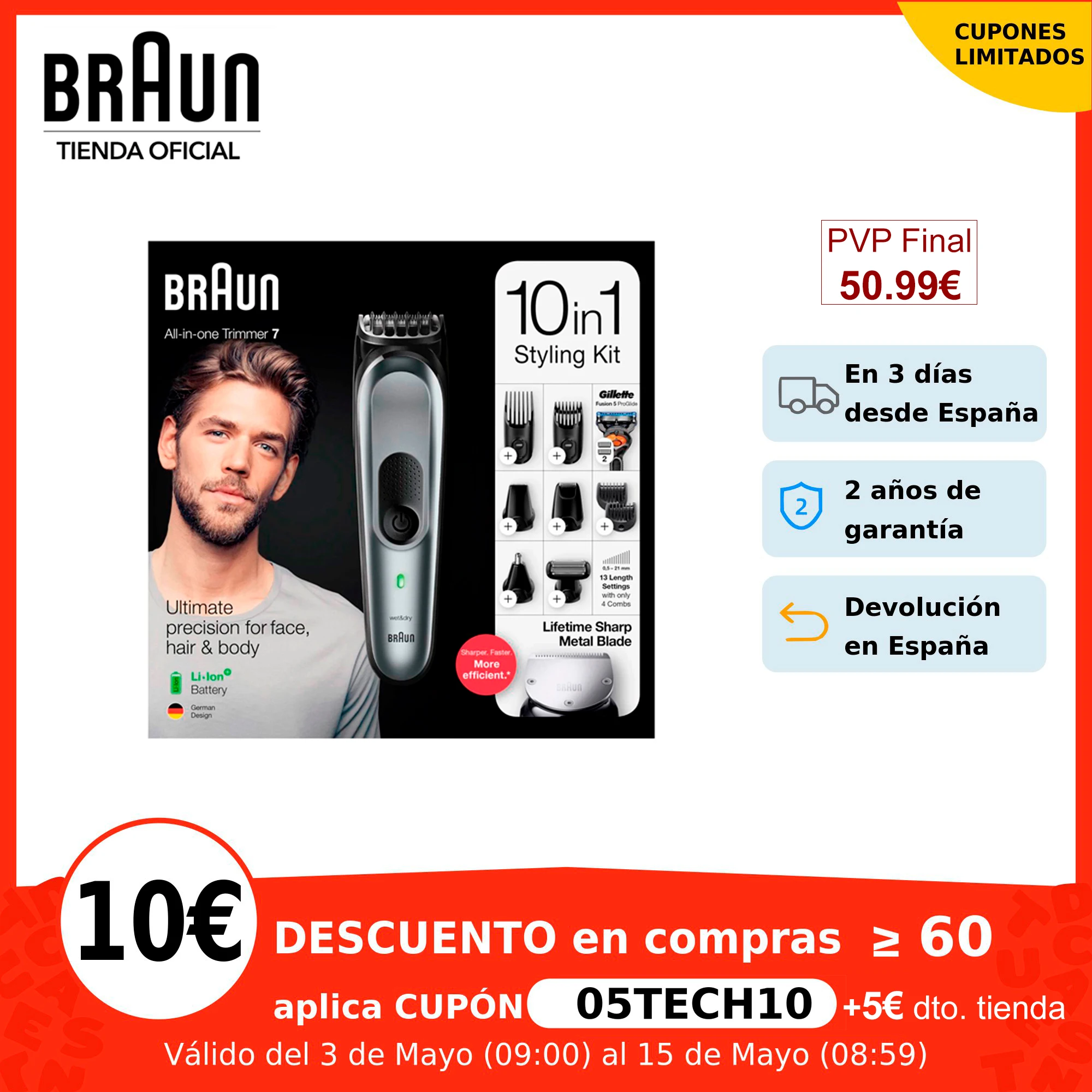 Venta caliente Braun Todo en Uno MGK 7221 Recortadora barba y cortapelo - Set 10 en 1, Maquinilla Gilletfe Fusión5 ProGlide, 4 peines QLXNQMkgr