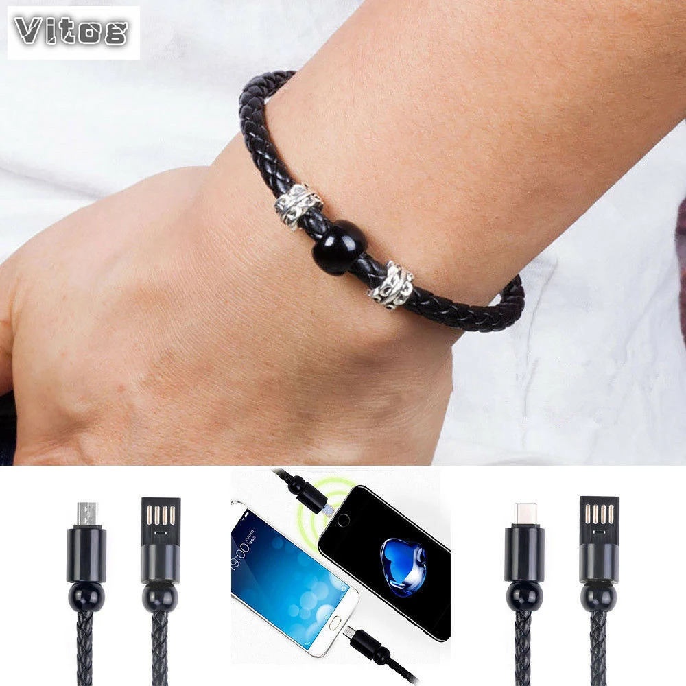 

VITOG New Bracelet USB Charger Cable Partable Fast Charging Leather Braided Hand-Chain Data Line for Iphone Type-C Android