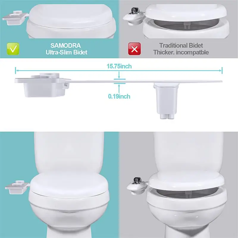 Samodra Bidet Toilet Seat Attachment Ultra-thin Non-electric Dual Nozzles  Frontal & Rear Wash For Bathroom Toilet Bidet Sprayer