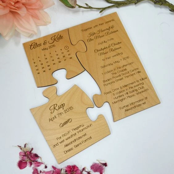 Terukir Puzzle Kayu Undangan Pernikahan dengan Menyimpan Tanggal|Kartu & Undangan| - AliExpress