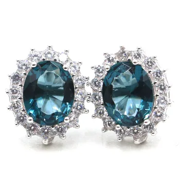 

15x13mm Elegant Created London Blue Topaz White CZ Wedding Woman's Silver Earrings