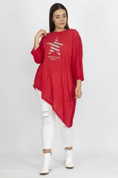 

Sans Textile Women 'S Red Front Printed Asymmetrical Tunic 65 N15567