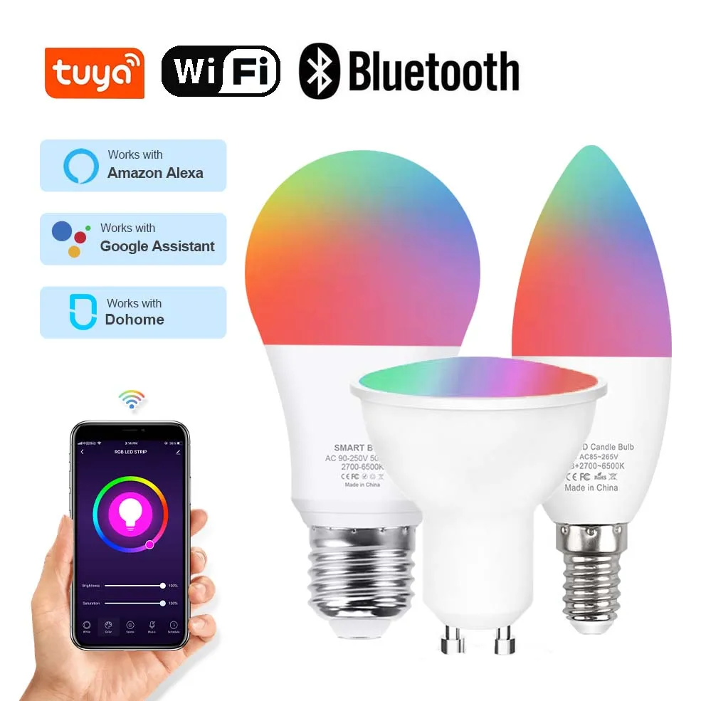 Tuya Wifi Smart Led Bulb E14 E27 Bluetooth Lamp 5W 15W GU10 Compatible With Alexa Google Assistant For Home Decor | Лампы и освещение